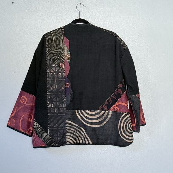 Patchwork Reversible Jacket Large Black Mauve Art to Wear Open Kimono Boho - Picture 2 of 10